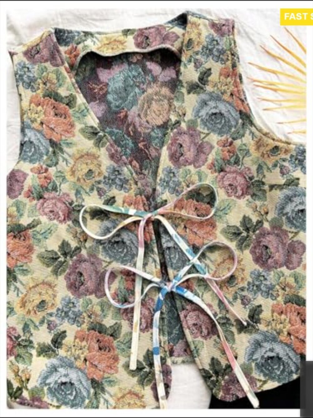 Vintage Floral Bow Tie Front Vest Sleeveless V Neck Crop Tank Top - Picture 4 of 5